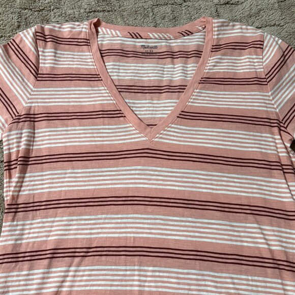 NWT New Madewell Striped V-Neck 100% Cotton Pink T-Shirt Top XS - Picture 3 of 9